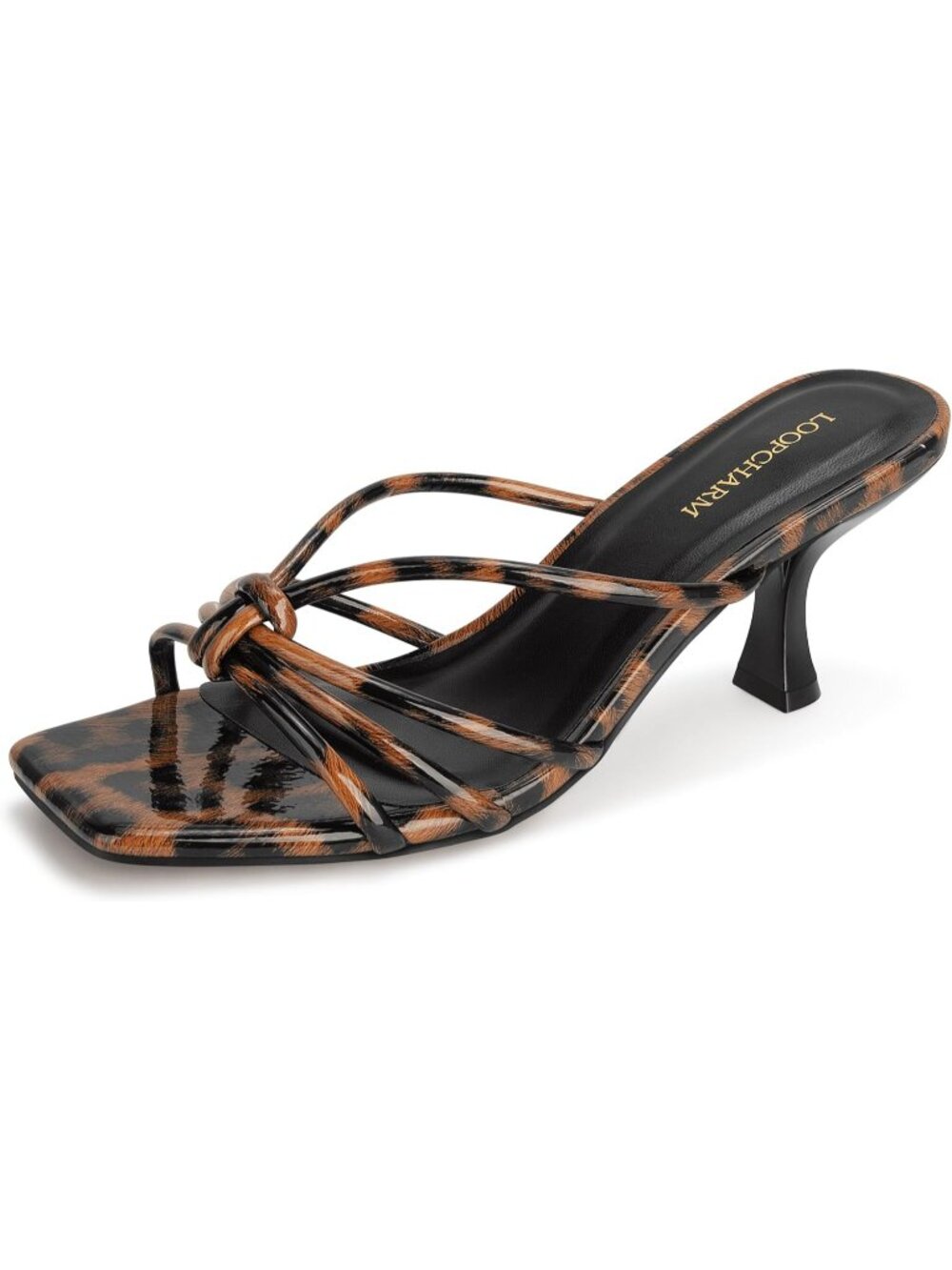 Women's Leopard Pu Strappy Square Open Toe Kitten Heels Sandals Knotted Design